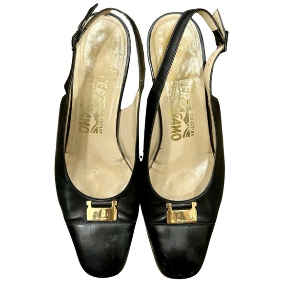 Salvatore Ferragamo Black Leather Slingback Heels with Gold Hardware – Size 8B - Picture 1 of 7